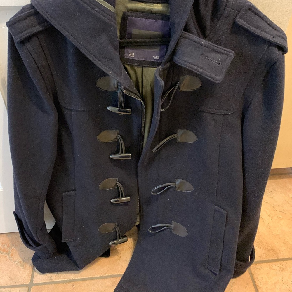 Zara men’s navy hooded pea coat. Medium.